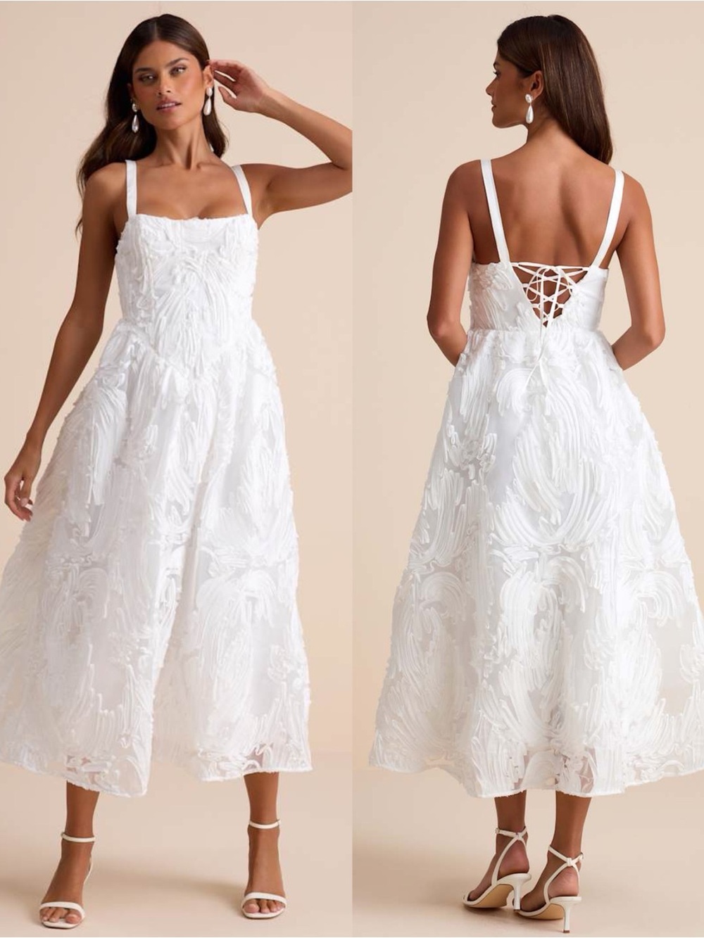 LULU'S Perkins White Textured
Lace-Up Corset Midi Dress